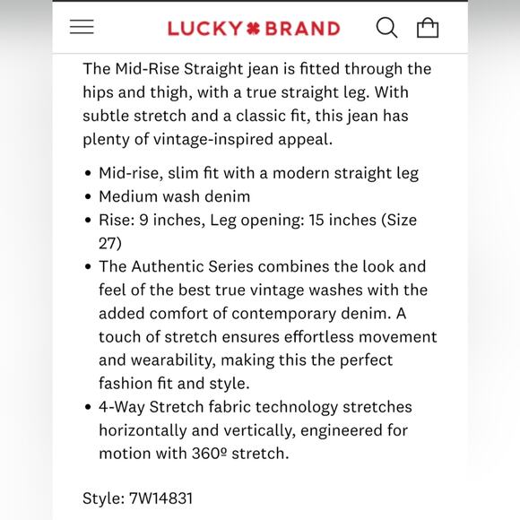 Lucky Brand Mid-Rise Authentic Straight Leg Medium Wash Cotton Denim Jeans 12/31 - Picture 16 of 16